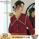Olrain歐芮兒大翻領(lǐng)毛衣女春裝新款復(fù)古泡泡袖上衣 紅色 M
