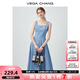 VEGA CHANG吊帶連衣裙女2025年新款夏季法式方領(lǐng)顯瘦高級感氣質(zhì)格紋拼接長裙 藍(lán)白格子 M