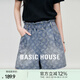 Basic House/百家好滿印高腰松緊腰牛仔褲夏季新款休閑時髦短褲子 牛仔藍(lán) M