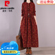 皮爾卡丹（pierre cardin）高檔棉麻連衣裙女2024春秋冬民族風(fēng)碎花亞麻長裙大碼長袖加絨加厚 酒紅色（即將售罄） 常規(guī)/ XL 【建議125-145斤】
