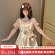 黛瓊學(xué)院風(fēng)日系可愛(ài)少女碎花花苞背帶短褲女+粉色泡泡袖襯衫兩件/套裝 [套裝]粉格子上衣+碎花背帶裙褲 S