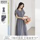 對白復古文藝格子短袖連衣裙女2025夏季新款圓領寬松抽繩收腰長裙 藏青格 M
