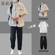 洛科馳2024夏季短袖襯衫男裝搭配一套衣服休閑褲三件套痞帥港風(fēng)襯衣套裝 【三件套】襯衫白+短白T+黑褲 XL