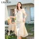 LAGOGO米色收腰系帶繡花連衣裙女拉谷谷2025年春夏新款氣質(zhì)雪紡裙 米色 M