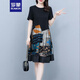 羅蒙（ROMON）休閑短袖中長款連衣裙女裝2024夏季新款高腰寬松顯瘦拼接碎花裙子 黑色 XL （105-125斤）
