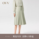 OVV2022春夏新款女裝羊毛混紡經(jīng)典A字中長(zhǎng)干爽百褶半身裙 綠灰16 M