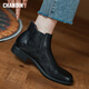 淺町英倫頭層牛皮切爾西靴女秋冬粗跟復古單靴短筒馬丁靴顯瘦中跟女靴 黑色417 37