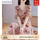 ZXEGI收腰顯瘦100%桑蠶絲真絲連衣裙夏季新款時(shí)尚印花韓版高端A字裙女 粉色 2XL （116-125斤）