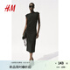 H&M女裝秋季一字領修身蓋袖中長裙連衣裙1239334 黑色 160/88