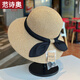 范詩(shī)奧赫本風(fēng)法式蝴蝶結草帽女出游可折疊大檐遮陽(yáng)帽夏季戶(hù)外草編漁夫帽 卡其-黑色飄帶 M(56-58cm)
