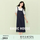 Basic House/百家好拼接撞色背帶設(shè)計感夏季新款短袖圓領(lǐng)連衣裙女 藏青色 L