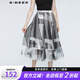 S.DEER圣迪奧女夏季時尚休閑松緊撞色印花網(wǎng)紗拼接長裙S21261113 黑色/91 M 165