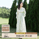 尚都比拉春秋度假風(fēng)碎花連衣裙系帶鏤空?qǐng)A領(lǐng)花邊袖子直筒裙子 淡綠色 M 