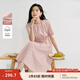 茵曼2025夏季女裝新款歐若風(fēng)圓領(lǐng)抽褶腰帶棉質(zhì)混紡短袖氣質(zhì)連衣裙 淺粉色 L
