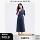 佐丹奴裙子女夏季純棉府綢通勤風腰帶V字翻領連衣裙13465332