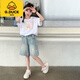 G.DUCKKIDS女童夏季套裝2025新款中大童洋氣女孩短袖兒童牛仔短褲夏裝兩件套 蝴蝶短袖+牛仔短褲 120