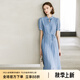顏域新中式女裝連衣裙2024新款夏裝優(yōu)雅氣質(zhì)百褶裙短袖中長(zhǎng)款裙子 藍(lán)色 M/38