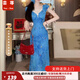 蕓蕁裙子女夏季2025新款法式巨好看的顯白蕾絲花邊藍(lán)色連衣裙子女新款 藍(lán)色 S 80-95斤