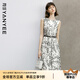 顏域水墨印花連衣裙女2024新款夏裝復(fù)古優(yōu)雅背心裙中長(zhǎng)款圓領(lǐng)裙子 黑白花 L/40