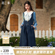 兩三事藍(lán)韻花境 2025夏季新款甜美貼布繡花不對稱背帶牛仔褲女寬松 深藍(lán)色 M