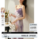 尚都比拉夏季吊帶裙女時尚抽象風撞色印花中長款吊帶連衣裙 白底粉花 S