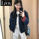 LPOX外套女復古格紋拼接牛仔外套女2025春秋款寬松百搭休閑夾克上衣 深藍色 M