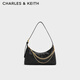 CHARLES&KEITH柔軟拉鏈式褶皺單肩包腋下包包女包女士生日禮物CK2-40782472 Black黑色 S