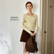 Olrain歐芮兒法式斜肩針織T恤女裝秋季新款蕩領(lǐng)系帶長(cháng)袖上衣 黃色 S