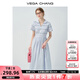 VEGA CHANG藍(lán)色連衣裙女2025新款夏季翻領(lǐng)褶皺修身收腰大裙擺長裙 湖水藍(lán) S