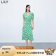 LILY【專柜甄選】秋新款女裝含真絲復(fù)古印花泡泡袖垂感連衣裙 309翠綠 M
