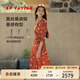 EP雅瑩真絲印花連衣裙 牡丹油畫(huà)桑蠶絲茶歇裙度假風(fēng)落日裙商場(chǎng)同款4649A 橙色 L