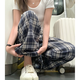 小野七天顯瘦灰藍(lán)格子休閑褲夏季女直筒褲薄款百搭拼接腰頭抽繩闊腿褲寬松 藍(lán)格子褲 M