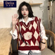 矜持范學(xué)院風(fēng)酒紅色毛衣無(wú)袖背心女寬松外穿小熊提花馬甲女V領(lǐng)坎肩針織 紅色馬甲單件 S