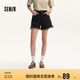 森馬牛仔褲女黑色毛邊綁帶夏高腰短褲109324122006