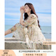 香影（xiangying）碎花連衣裙女2025年夏季新款系帶木耳邊仙氣海邊飄逸寬松裙子 米色 L