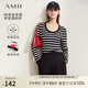 AMII2024早秋圓領(lǐng)愛心趣味刺繡條紋毛衣女發(fā)熱抗菌修身顯瘦12443152 黑白條 160/84A/M