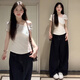 LDBE韓式波點(diǎn)絕美斜肩短袖t恤女夏季設(shè)計(jì)感小眾顯瘦修身短款露肩上衣 白色 S 【80-90斤】