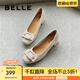 百麗（Belle）七夕禮物簡約高跟單鞋商場同款真皮粗跟通勤單鞋B5M1DCQ4 米白 35 (225mm)