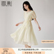 香影氣質(zhì)印花連衣裙女2025夏裝新款米白色泡泡袖圓領(lǐng)中長絕美裙子 米白 M 160/84A/95-110斤