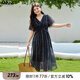 MsShe【波嬉風(fēng)印花雪紡連衣裙】大碼女裝2025夏季胖mmV領(lǐng)高端裙子 藏青藍色現(xiàn)貨 2XL