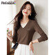 品彩（PinCai）長(cháng)袖T恤女曠野美拉德簡(jiǎn)約純色V領(lǐng)打底衫修身顯瘦上衣P143T2045