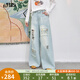 妖精的口袋淺色破洞刺繡闊腿牛仔褲女2025夏新款休閑高腰直筒褲子 牛仔淺藍(lán)色 S