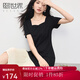 熙世界sllsky2025夏季新款女裝法式赫本風(fēng)方領(lǐng)撞色魚尾拼接短袖連衣裙 摩登黑 L
