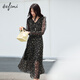 伊芙麗蔣欣代言顯瘦版型V領(lǐng)荷葉邊前開(kāi)叉設計百搭連衣裙2025秋裝新款 黑色 L 110-125斤