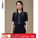 LANDI藏藍(lán)色設(shè)計(jì)感撞色提花針織衫女短袖套頭上衣秋新品 藏藍(lán)色 XL