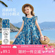 ASK JUNIOR兒童純棉裙子夏女大童飛袖連衣裙青少年碎花裙荷葉邊 藍(lán)色  150 