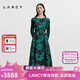 朗姿/LANCY春新款真絲復(fù)古玫瑰印花收腰長袖連衣裙重工裙子女 夜幕黑色 M