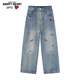 查爾斯桃心趣味小狗直筒牛仔褲男女情侶同款春秋季新款闊腿長(cháng)褲 水洗淺藍 M