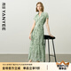 顏域法式碎花襯衫領(lǐng)連衣裙女2025夏季新款收腰袖過膝長款雪紡裙子 綠花 L