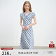 自巧小個子藍(lán)色斜裁格子連衣裙女2025夏季新款法式短袖中長裙子 藍(lán)白格 M （4碼）